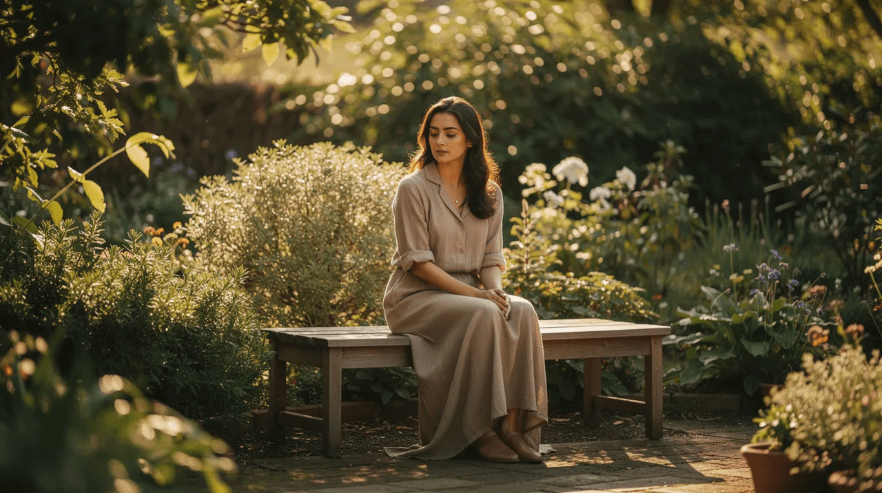 A woman sits peacefully in a sunlit garden, surrounded by lush greenery, as she reflects quietly, embodying the principles of a trauma-informed approach to mental health and well-being. This serene environment promotes emotional safety and encourages healing for trauma survivors.