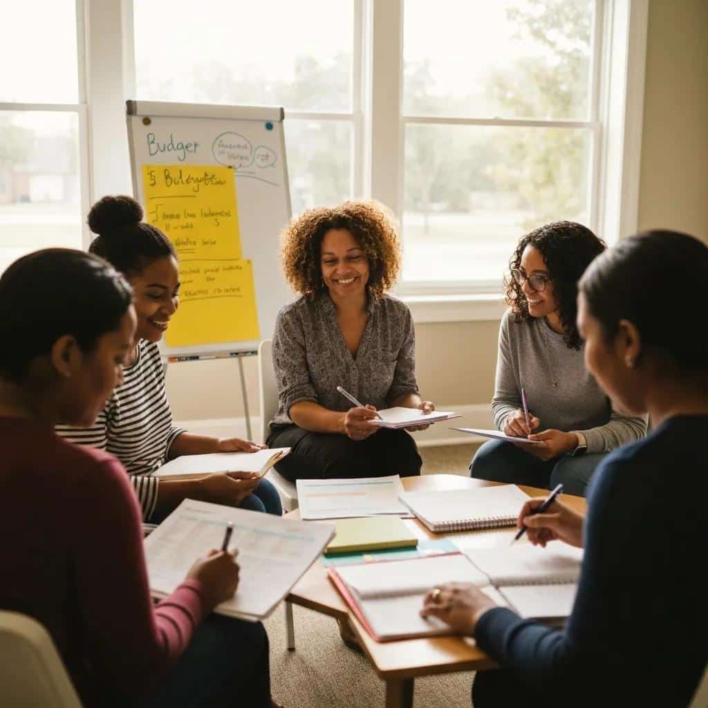 Women engaged in a financial literacy workshop, emphasizing community support in recovery