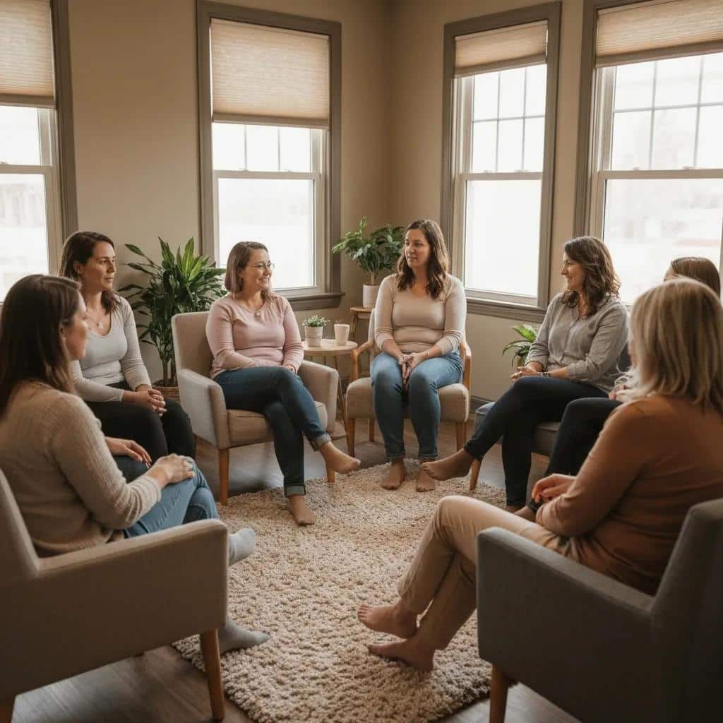Women in a supportive group therapy session discussing the role of sleep in addiction recovery