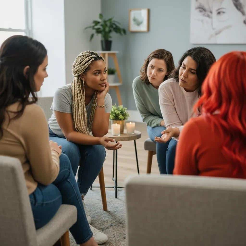 Women participating in a support group discussion, highlighting the importance of sober connections