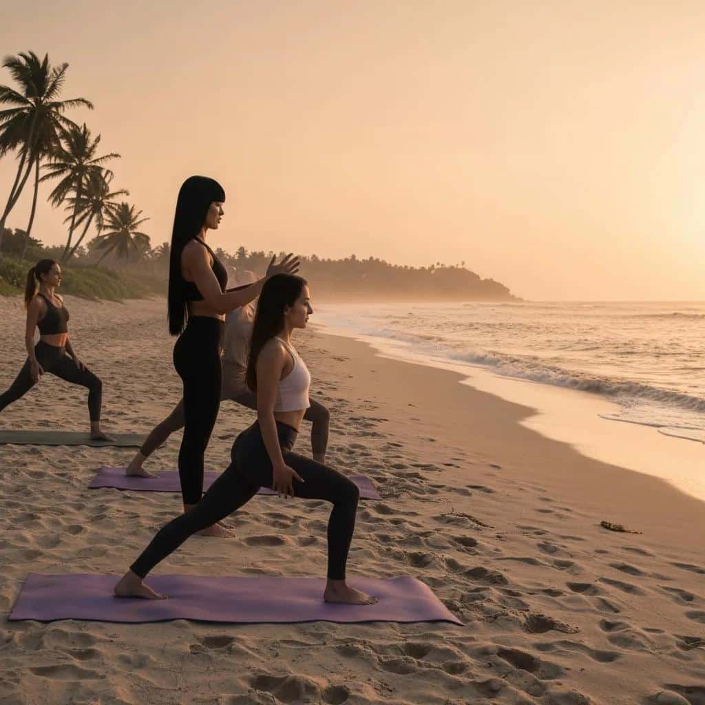 Women practicing yoga on the beach at Crystal Cove State Park, promoting sober activities