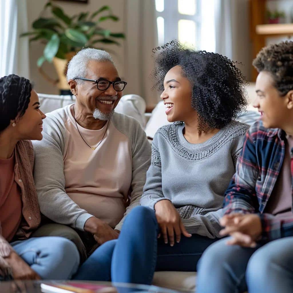 Family providing emotional support to a woman, emphasizing the importance of family involvement in mental health recovery