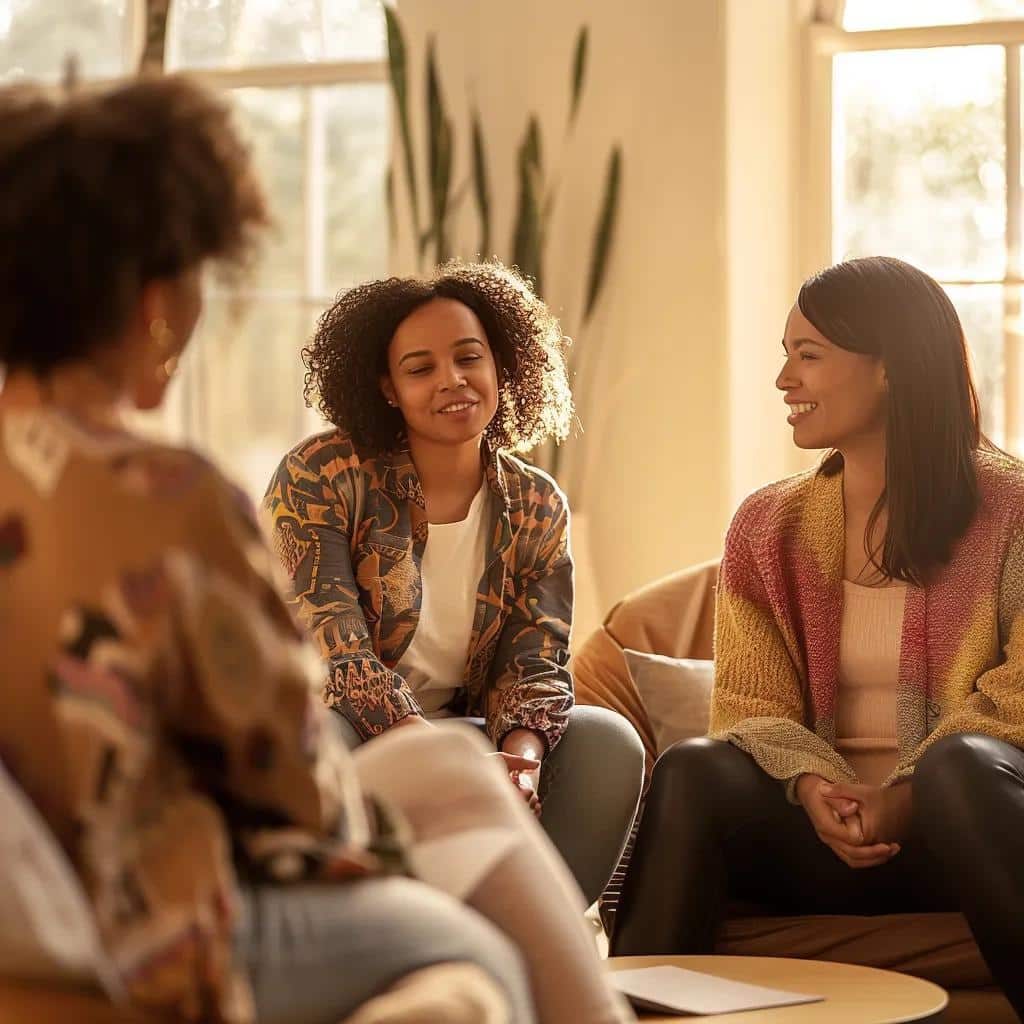 Women participating in a supportive addiction recovery group therapy session