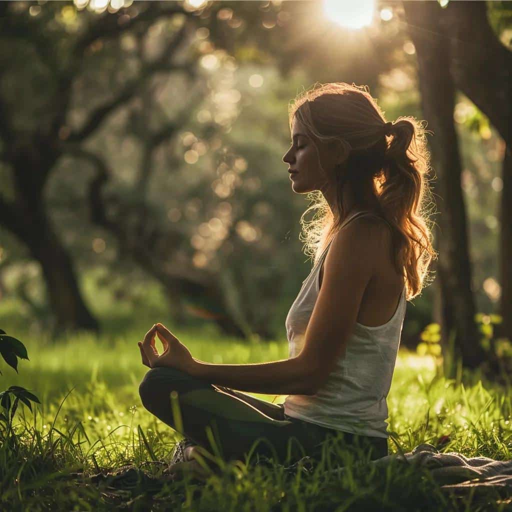 Woman practicing mindfulness outdoors, representing anxiety management and emotional well-being