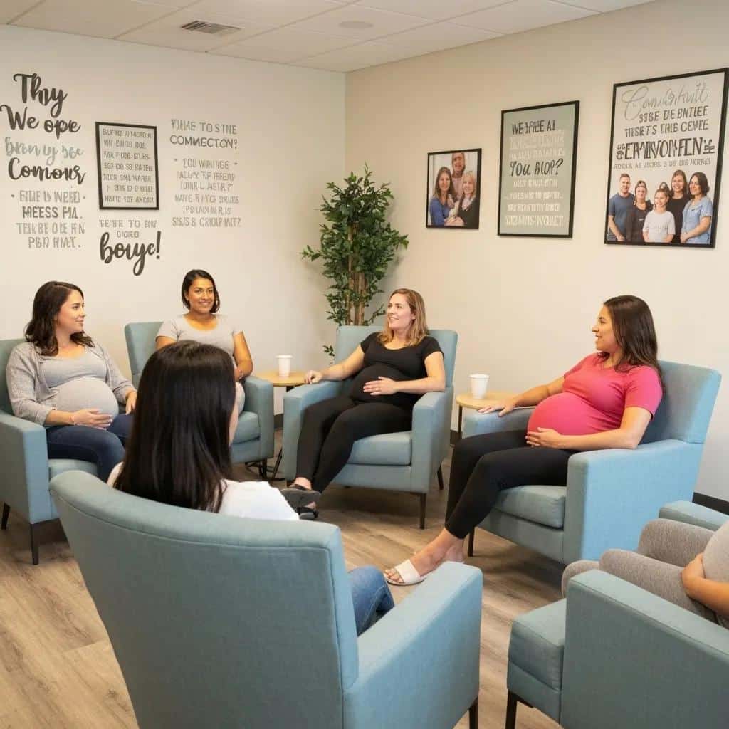Pregnant women participating in a group therapy session, illustrating community support in addiction treatment programs