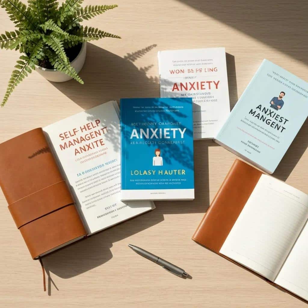 Flat lay of self-help books for managing anxiety, surrounded by calming elements