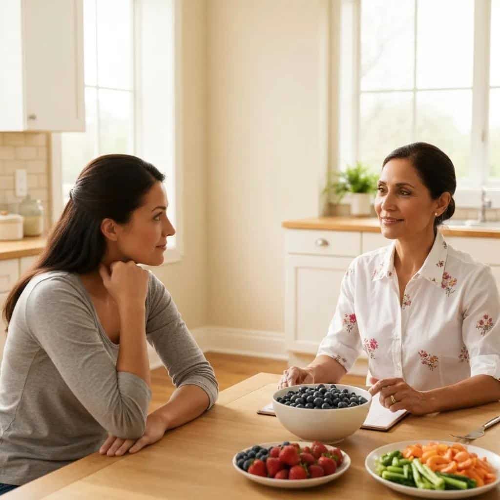 Nutritional counseling session for women, emphasizing support in eating disorder treatment