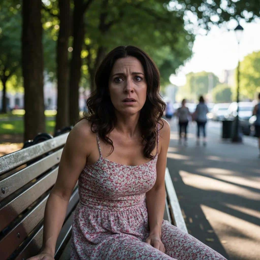 Anxious woman in a park, representing psychological symptoms of Adderall overdose