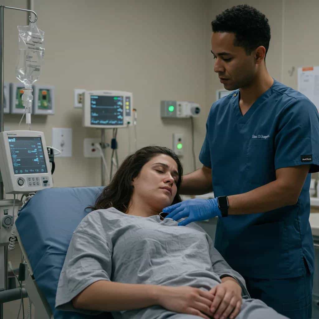 Healthcare professional supporting a woman during fentanyl and xylazine withdrawal in a medical detox facility