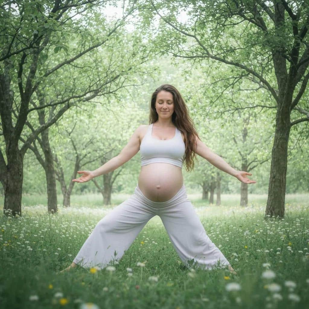 Pregnant woman practicing yoga outdoors to manage ADHD symptoms