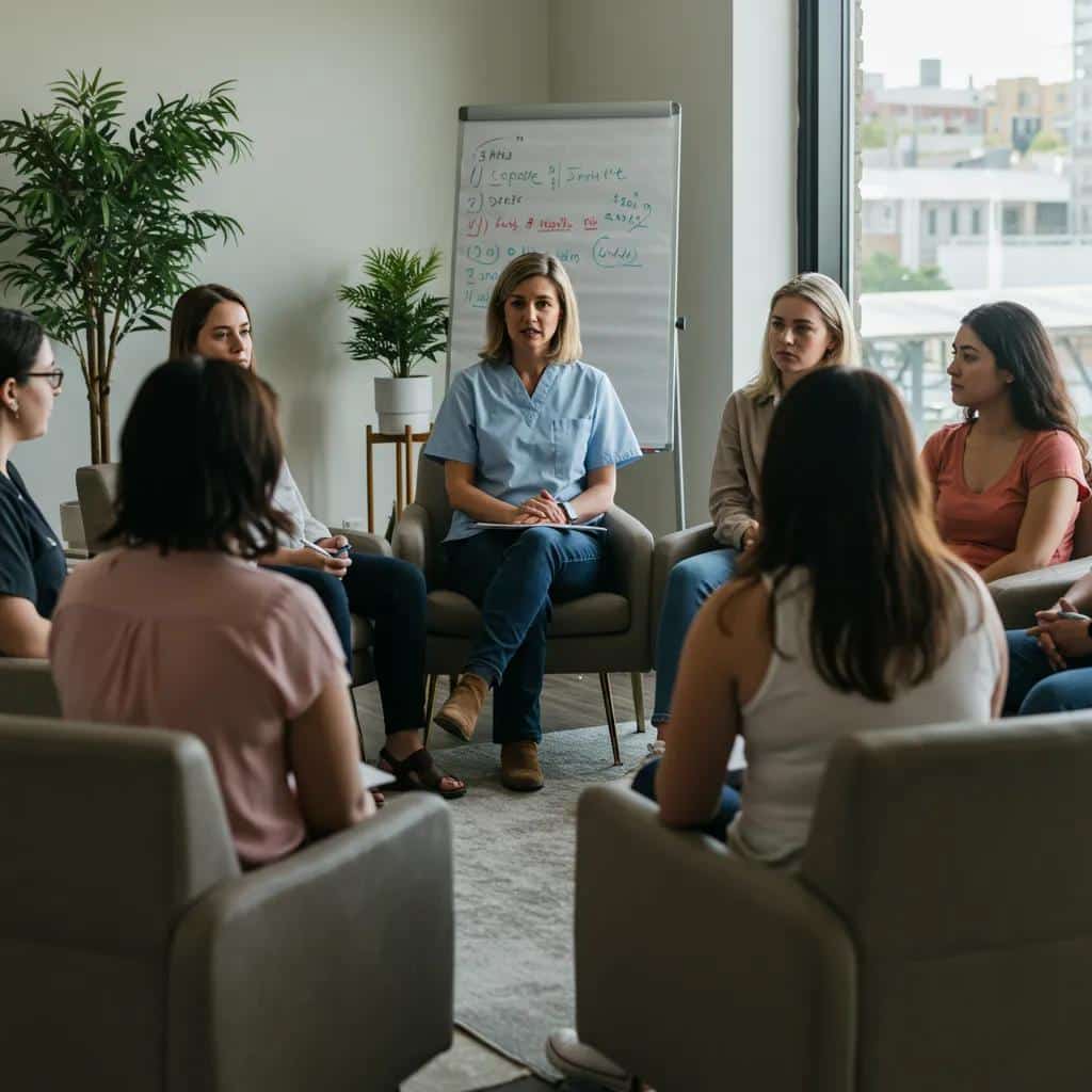 Women engaged in a gender-responsive addiction treatment group therapy session, highlighting support and connection