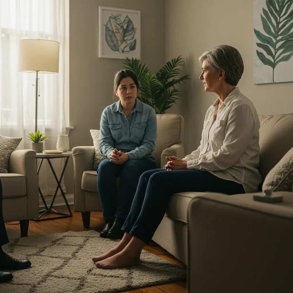 A woman participating in a therapy session, illustrating the vital role of trauma-informed care in women's addiction recovery