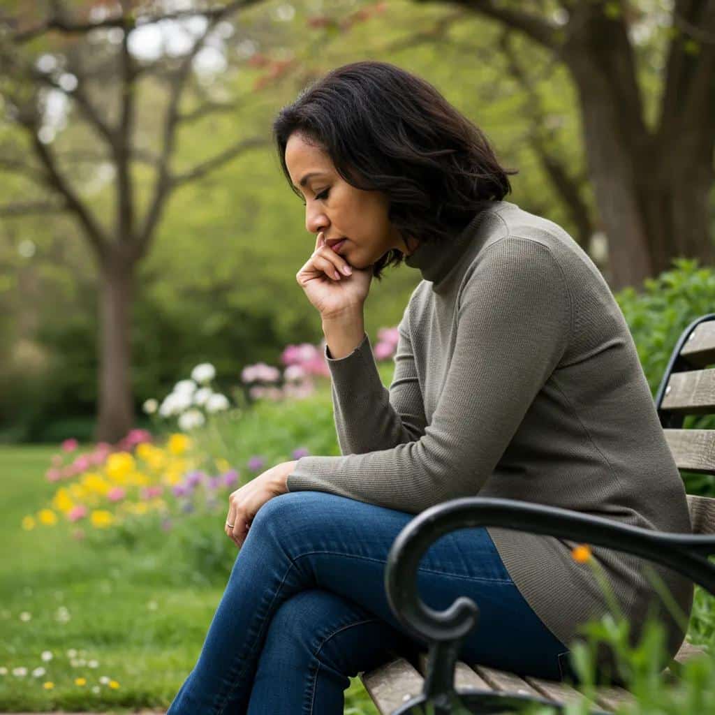 A woman finding peace and clarity during her recovery journey in a tranquil outdoor setting