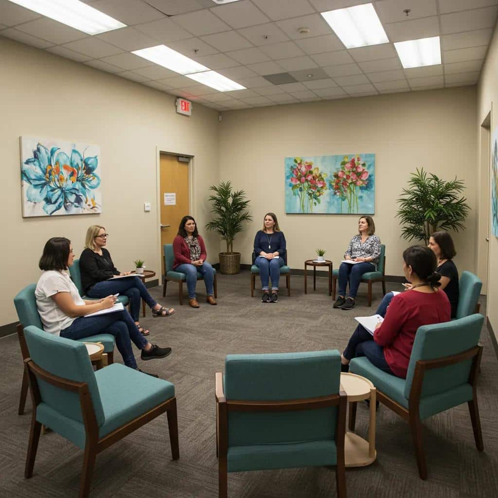 A cozy, women-only therapy room designed to foster trust and openness during rehabilitation