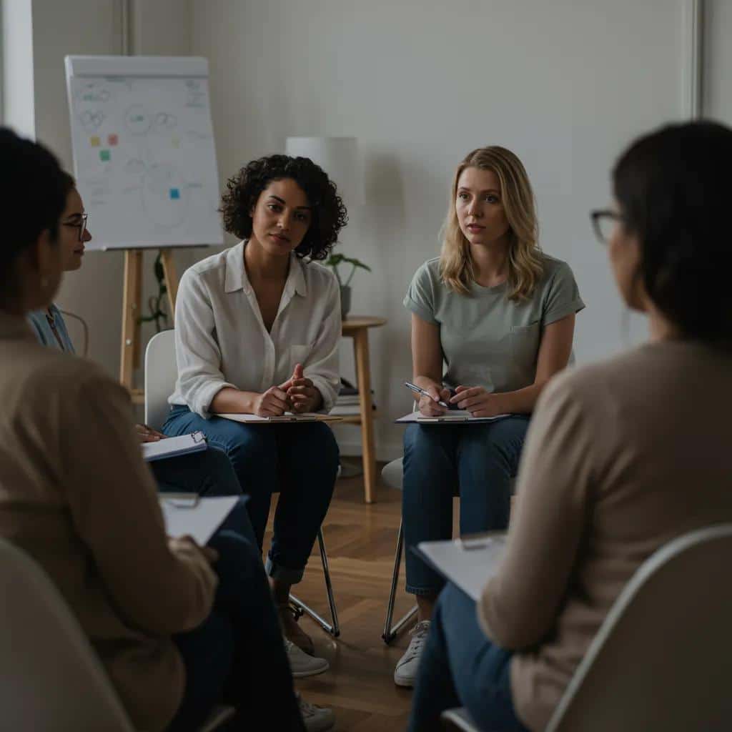A diverse group of women in a supportive therapy session, reflecting our commitment to gender-specific, trauma-informed anxiety treatment.