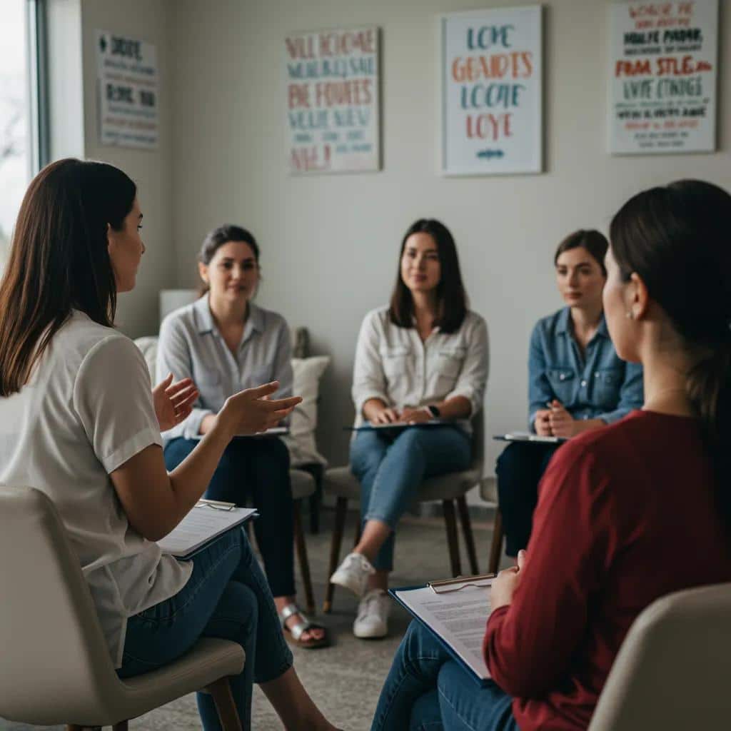 A female therapist leading a group therapy session exclusively for women