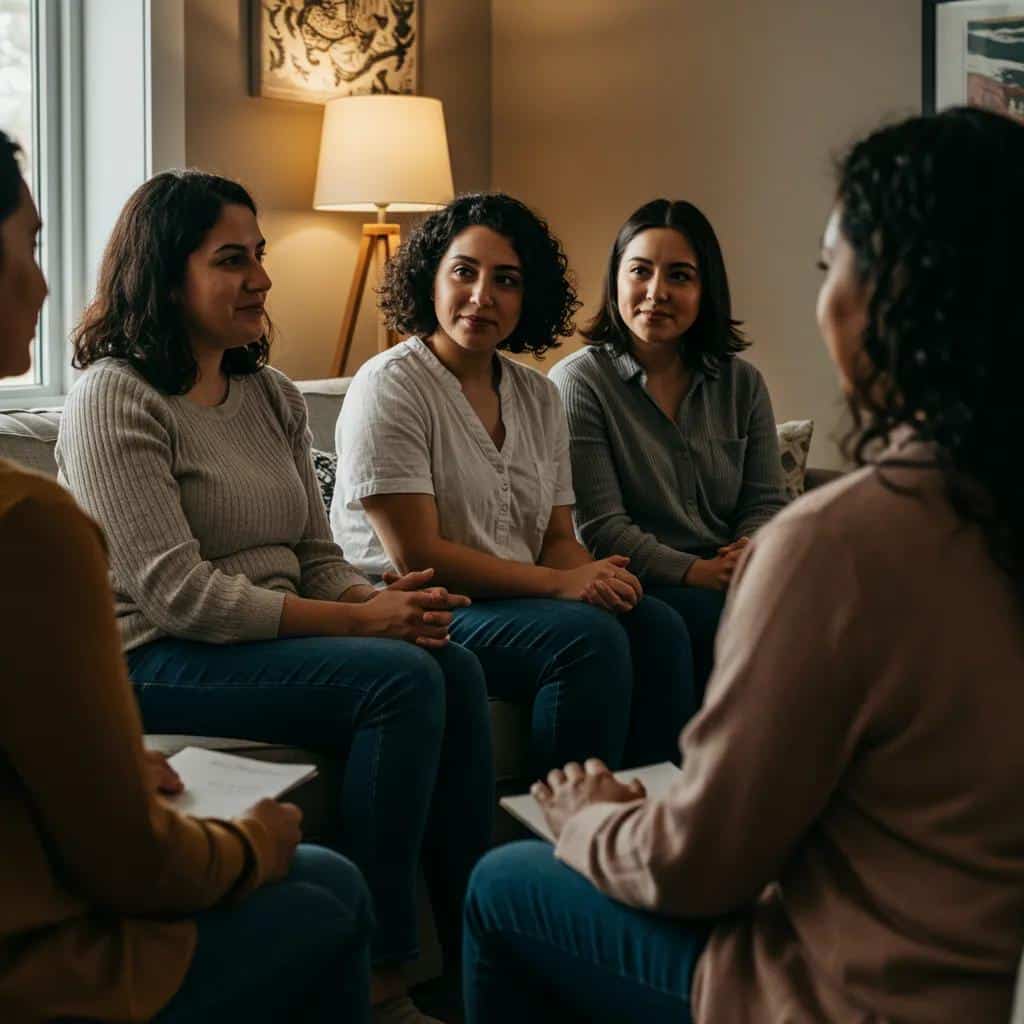 Group of women sharing stories and supporting each other in a cozy setting
