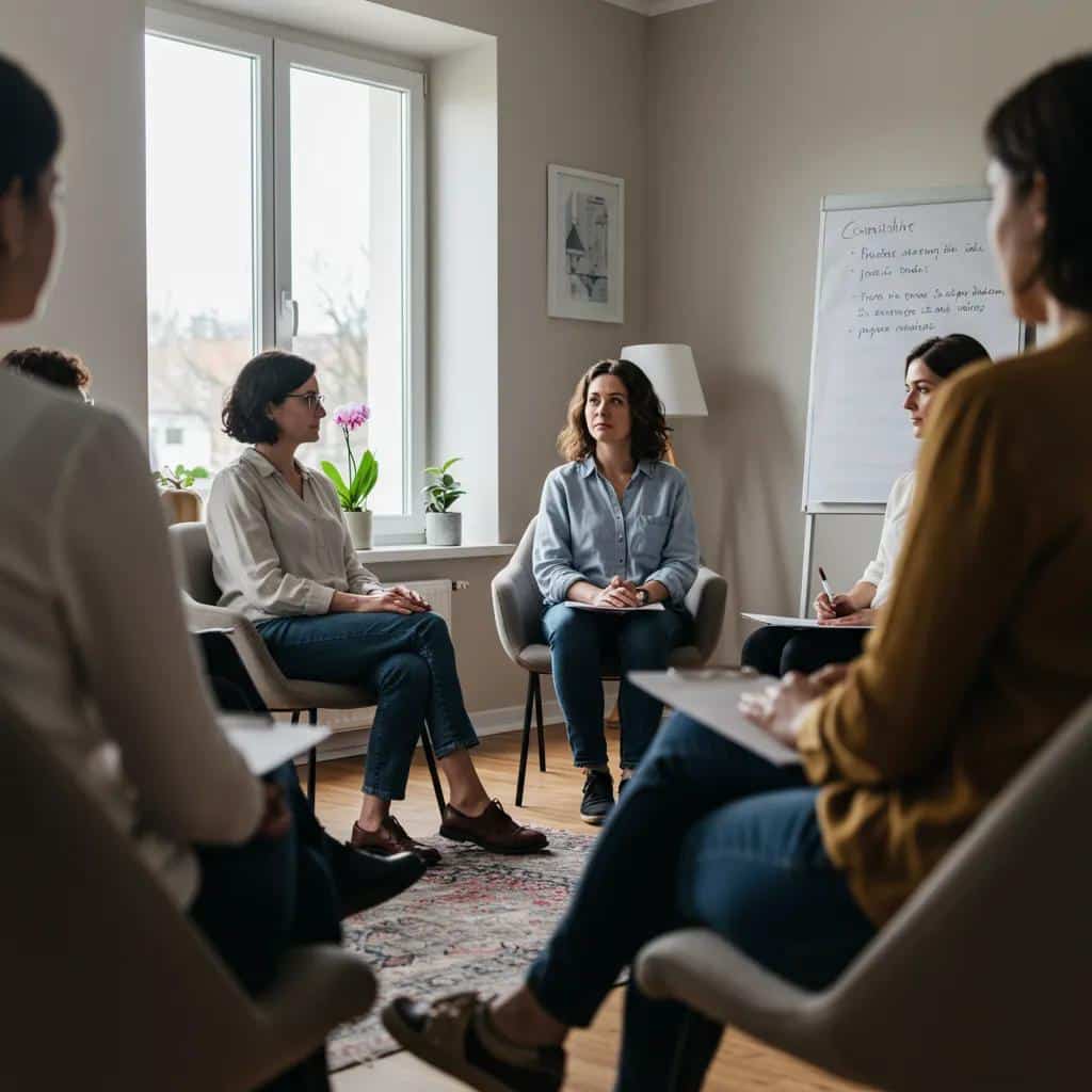 A supportive group therapy session for women, where they openly discuss treatment options for track marks and IV drug use, fostering connection and healing.