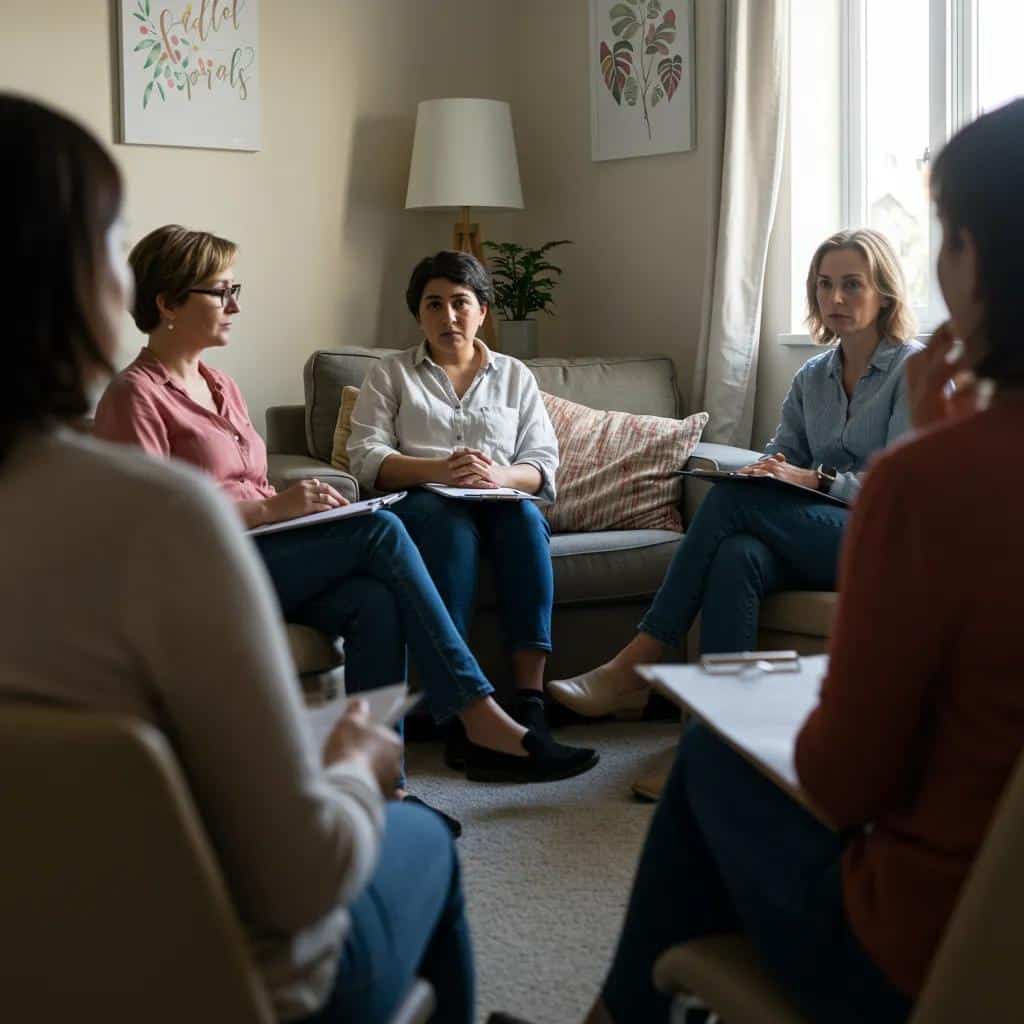 Women participating in a group therapy session focused on addiction recovery and support