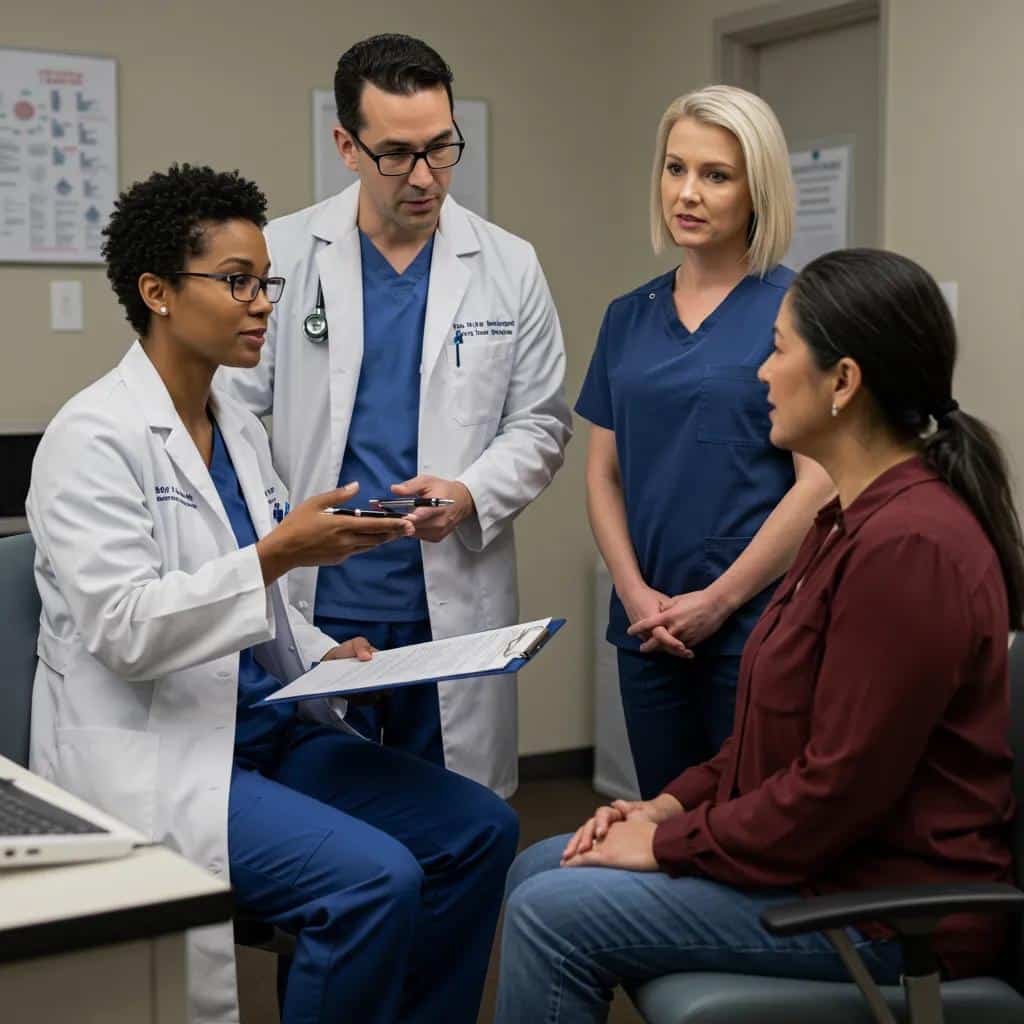 A compassionate healthcare team discussing treatment plans with a woman, symbolizing our integrated dual diagnosis care for anxiety and co-occurring challenges.