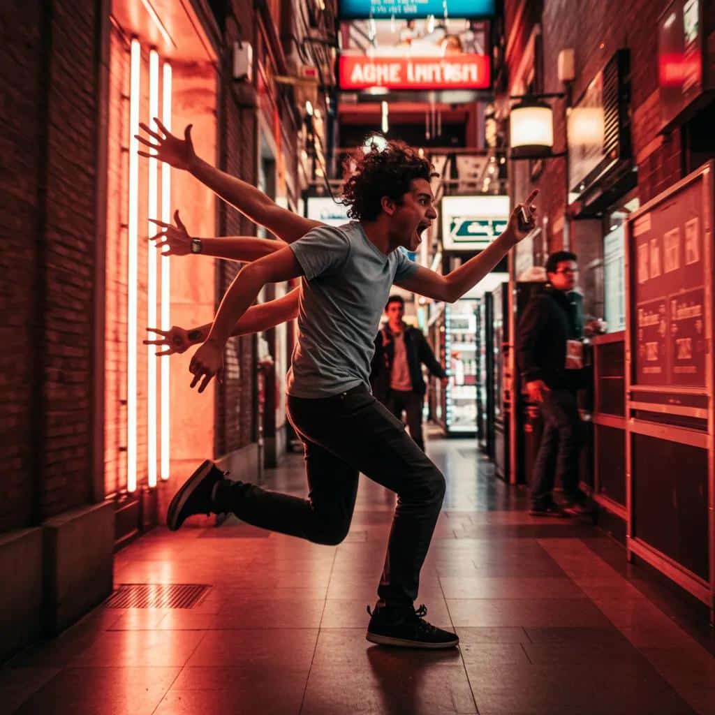 A person immersed in a dynamic, energetic environment, symbolizing the rapid flow of thoughts during manic episodes