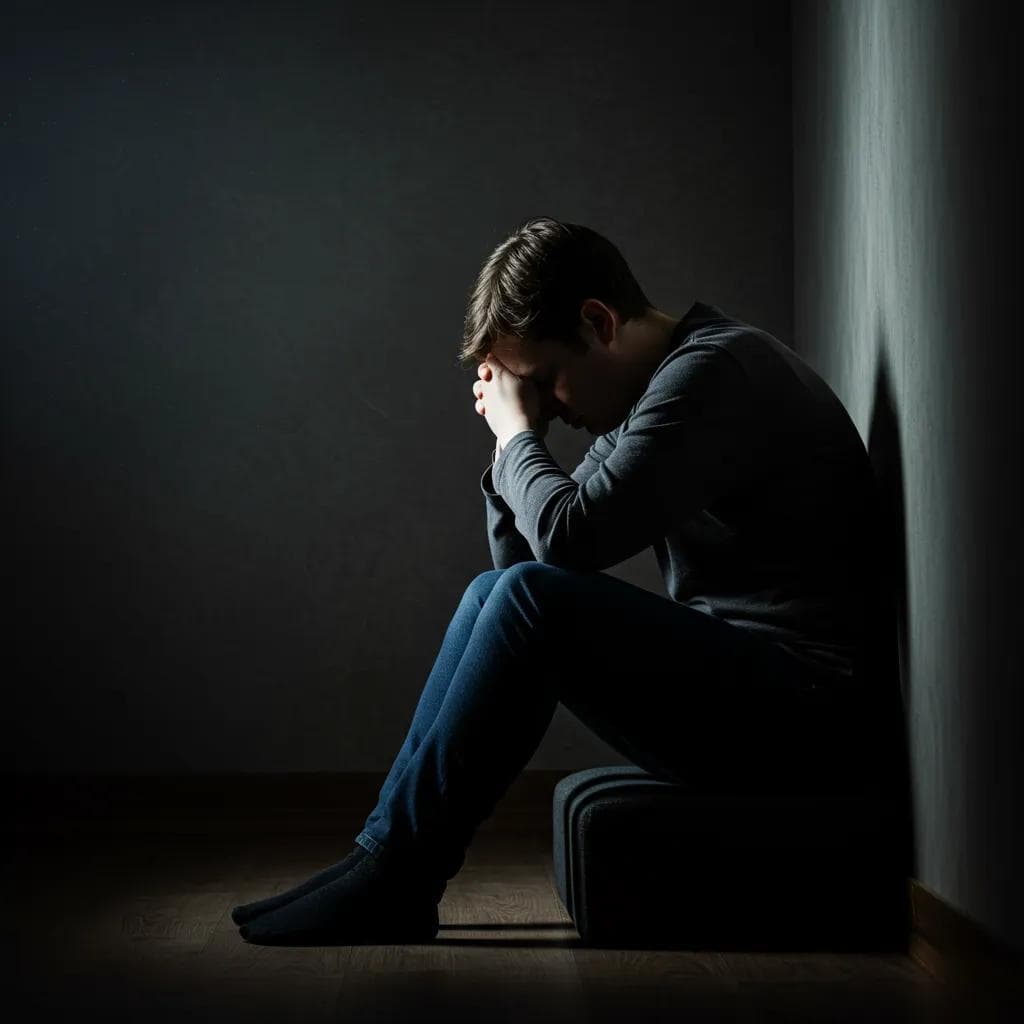 A person sitting alone in a subdued, quiet space, reflecting feelings of sadness and isolation during depressive episodes
