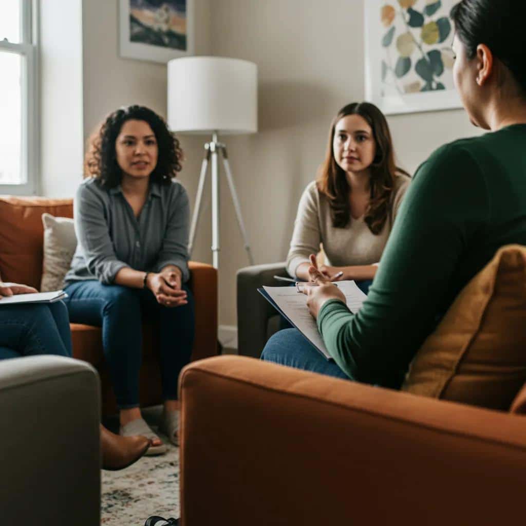 A supportive therapy session where women discuss trauma-informed care approaches