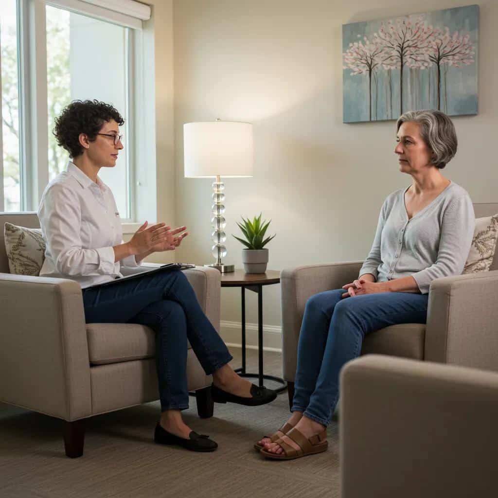A supportive therapy session focused on trauma-informed care, emphasizing safety and emotional well-being for women