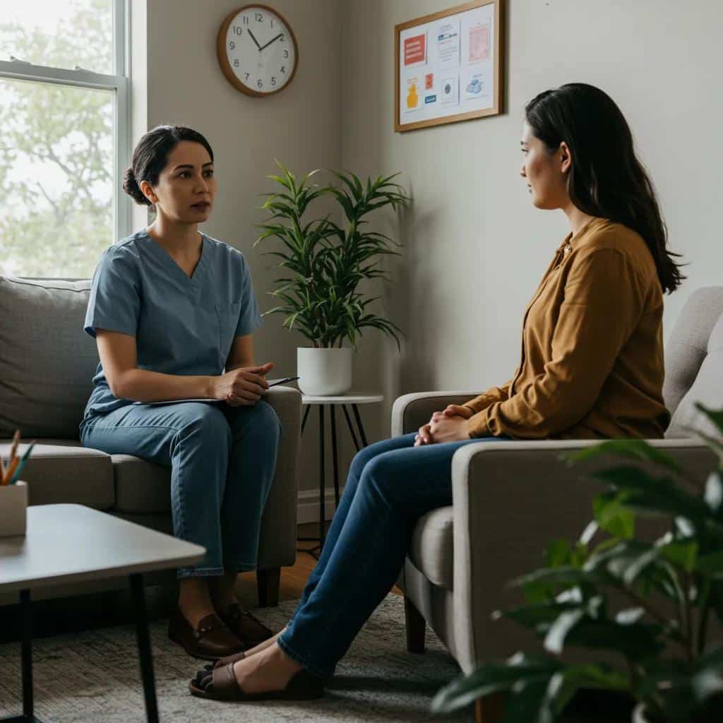 Therapist providing trauma-informed care to a woman, emphasizing safety and empowerment