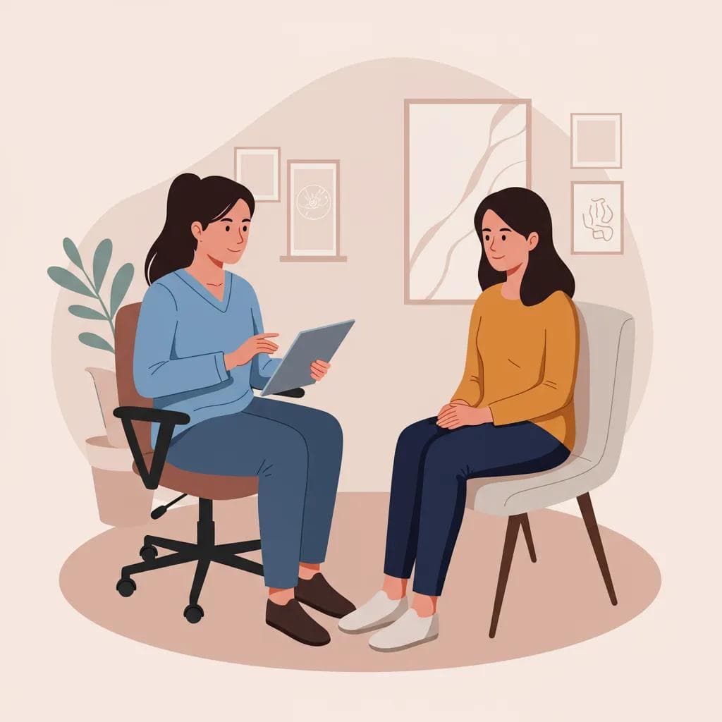 A therapist offering trauma-informed care to a woman in a safe and supportive setting