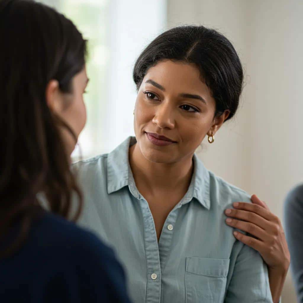 Two women sharing a heartfelt moment, illustrating the emotional benefits and deep connections found in peer support during recovery
