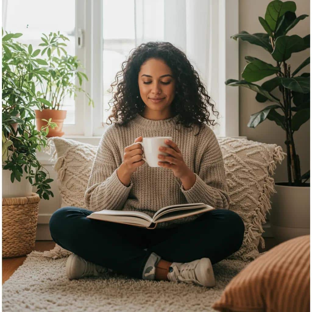 Woman enjoying self-care in a cozy setting, symbolizing empowerment and mental wellness