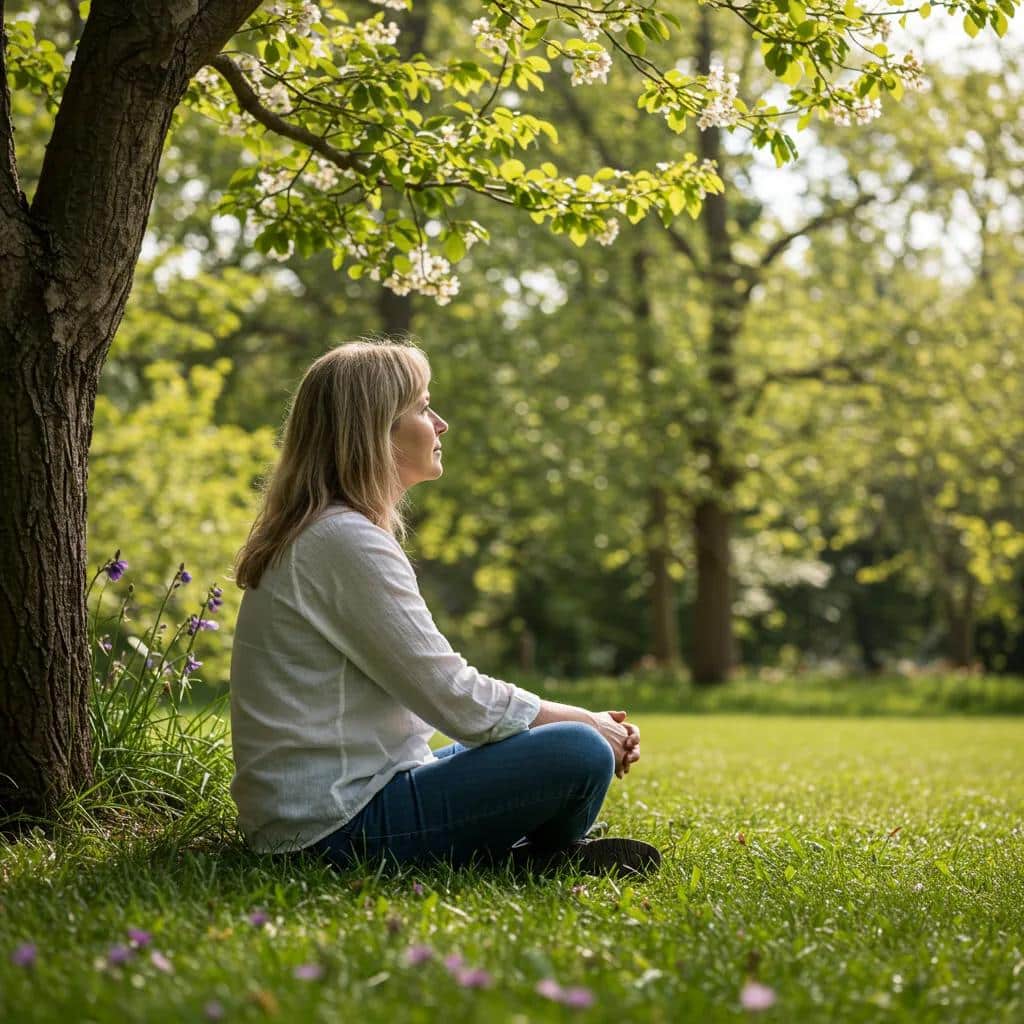 Woman reflecting on her recovery journey in a peaceful outdoor setting