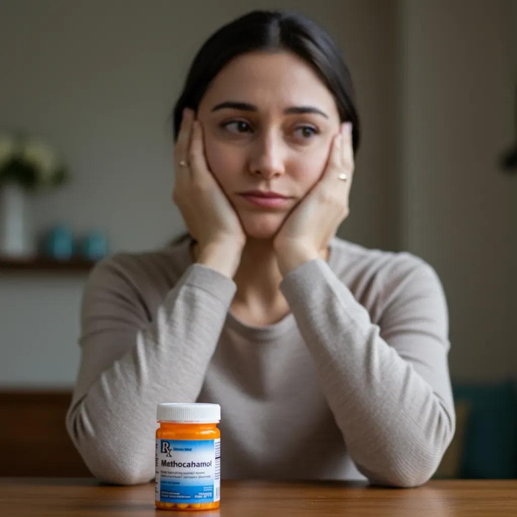 Woman showing signs of anxiety related to methocarbamol abuse in a home setting
