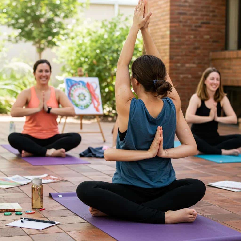Women finding peace and connection through holistic practices like yoga and art therapy in a recovery setting