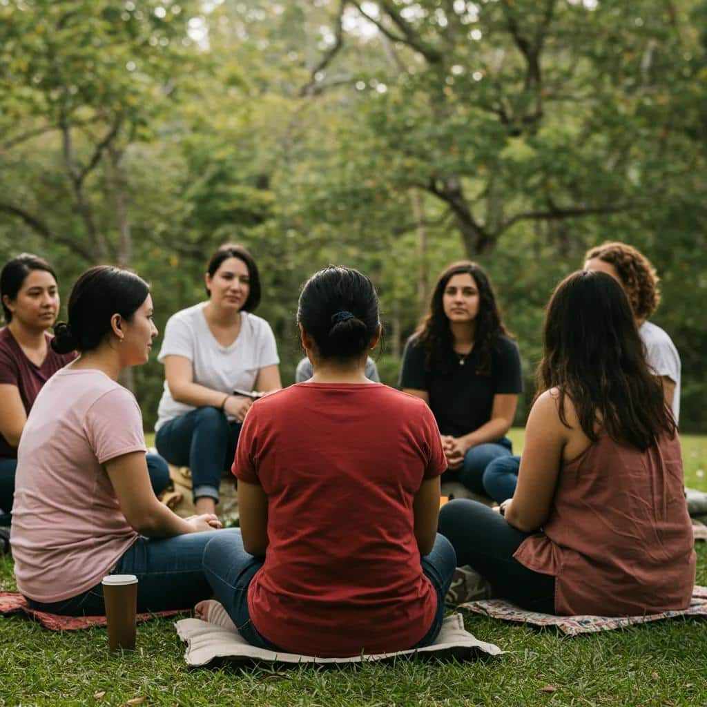 Women in a group therapy session outdoors, illustrating connection and healing in women-only rehab programs