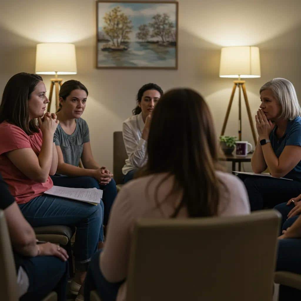 A supportive group of women discussing the symptoms of False Memory OCD.