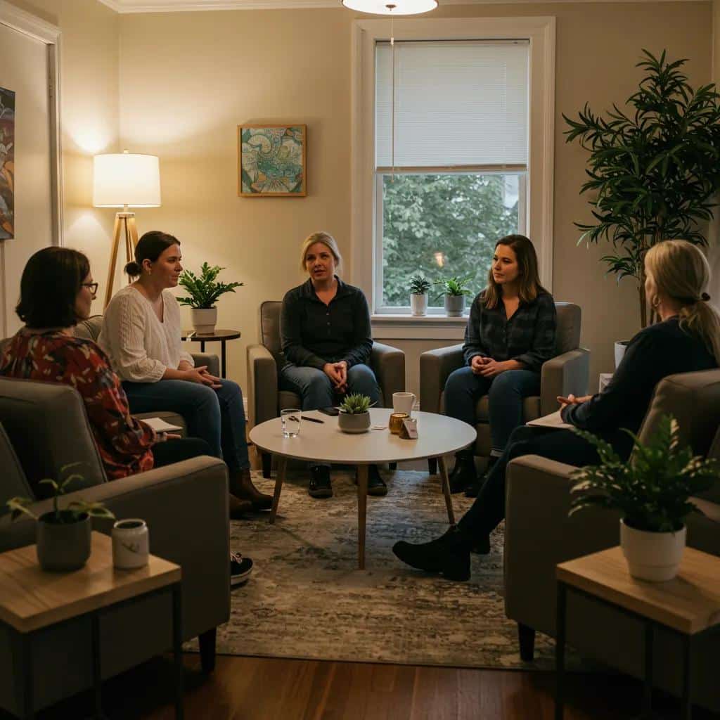 Women in a supportive group therapy session, highlighting the importance of gender-specific treatment for healing