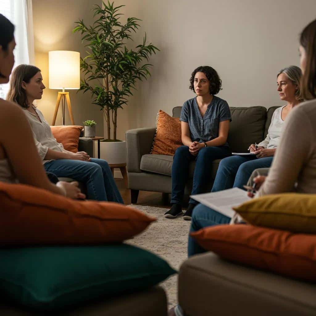 Women participating in a supportive group therapy session, illustrating trauma-informed care principles in addiction recovery