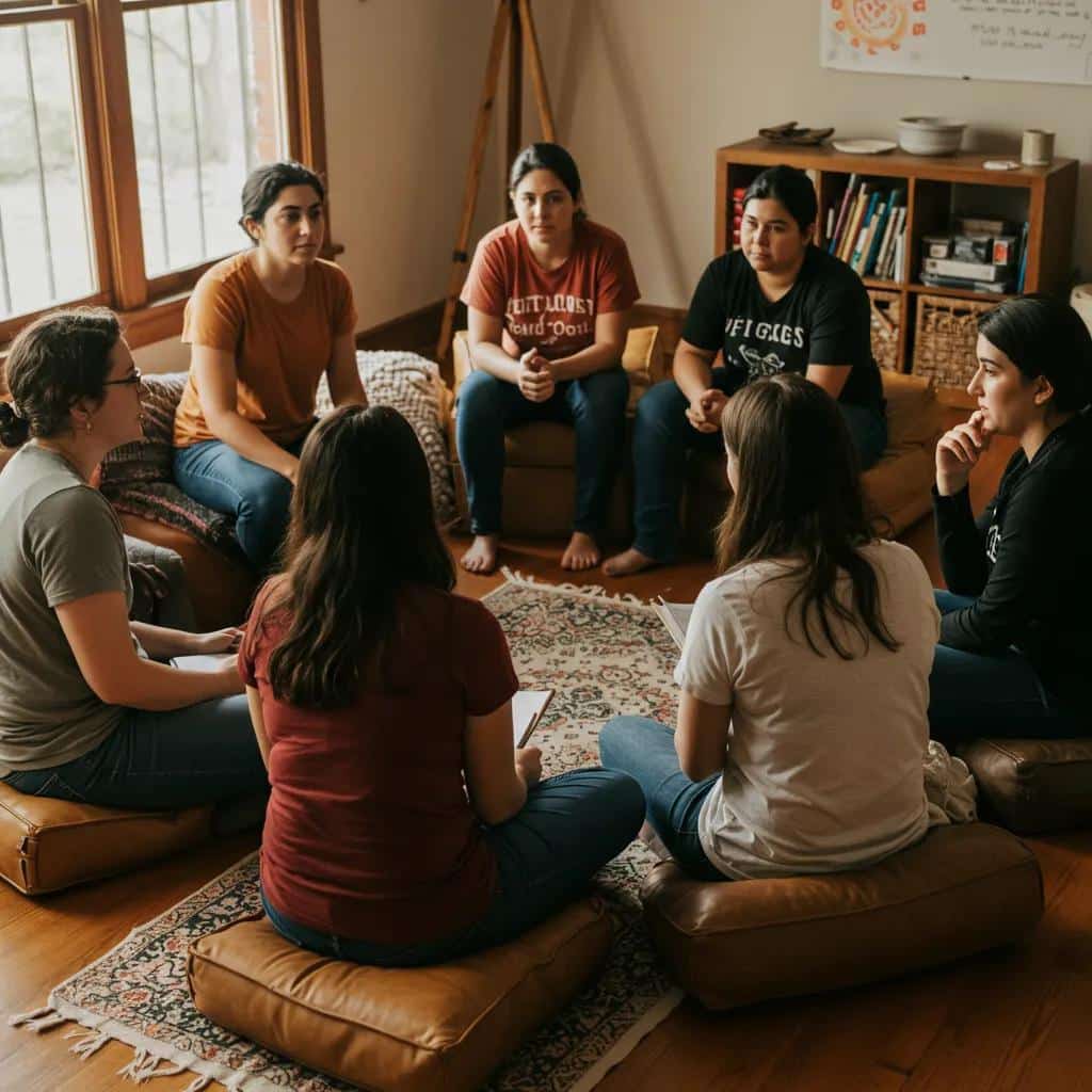 Women engaged in a supportive trauma-informed session, emphasizing the crucial role of safety and empowerment in the recovery process