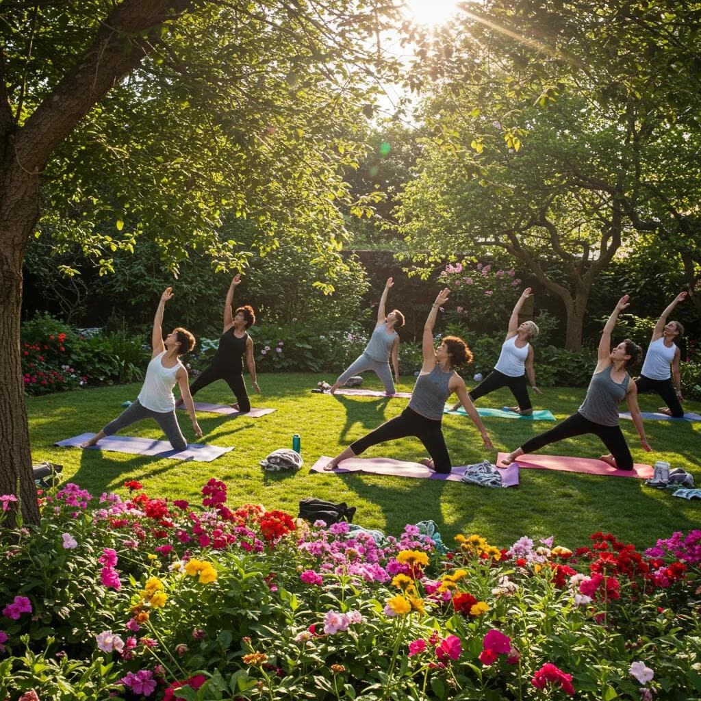 Women practicing yoga in a beautiful garden, illustrating holistic therapies that support recovery and well-being