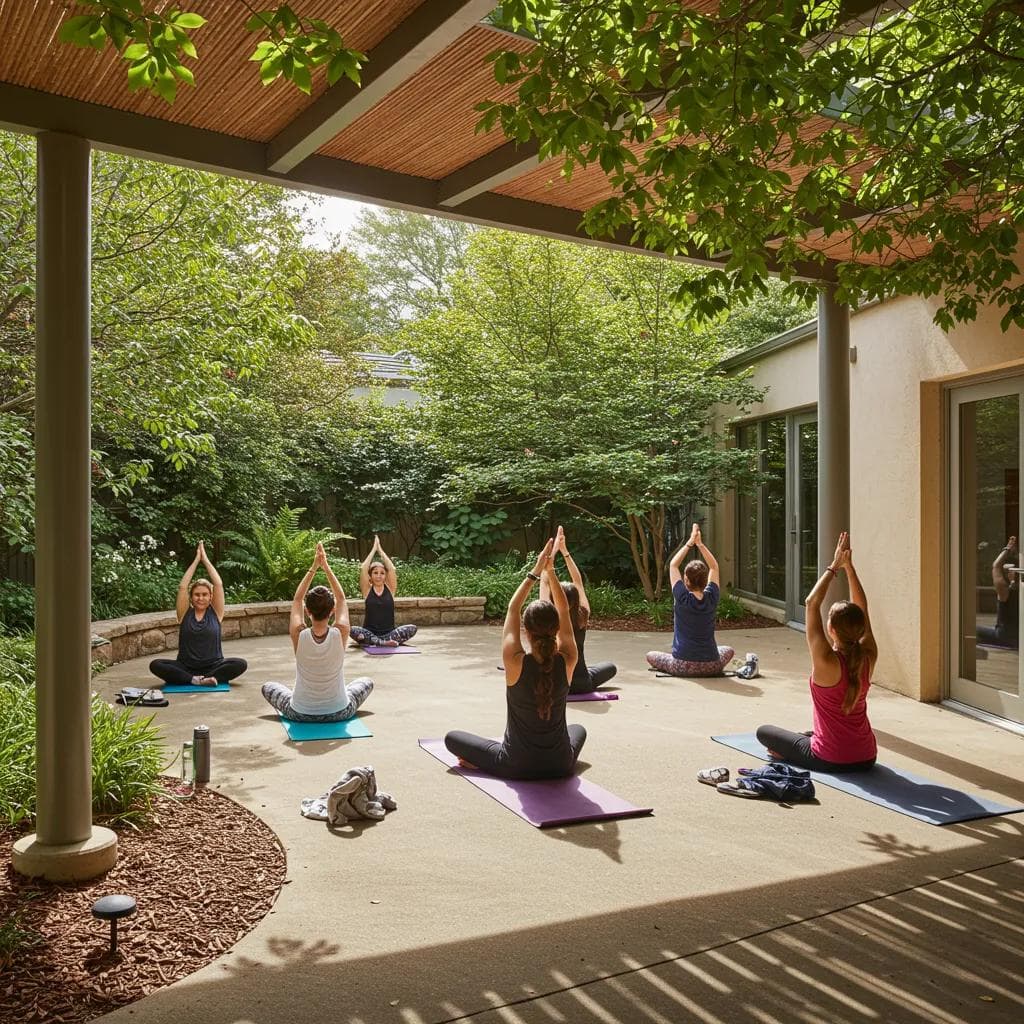 Women practicing yoga in a tranquil rehabilitation center, highlighting the importance of gender-specific treatment