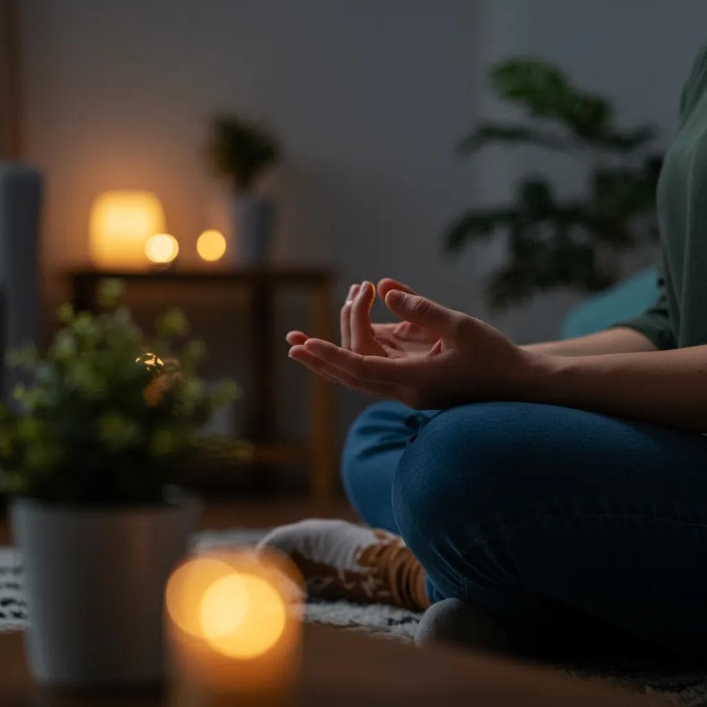 A woman finding peace through mindfulness at home, symbolizing personal growth and healing within an evening IOP