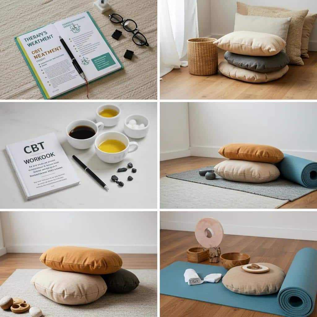 A supportive collage of therapy tools for women's OCD treatment, featuring CBT, mindfulness, and holistic approaches for healing