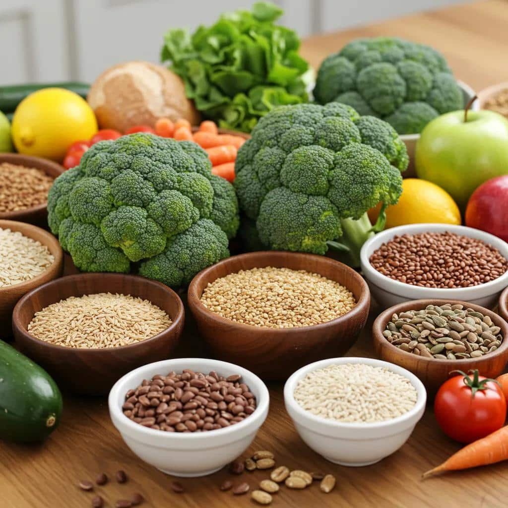 Colorful assortment of healthy foods and supplements supporting women's natural drug detox