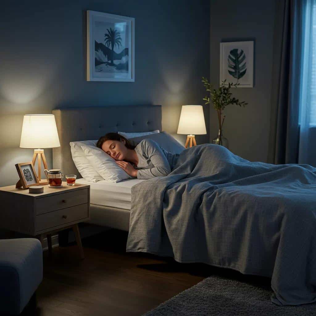 A cozy bedroom scene with a mother napping, illustrating practical sleep hygiene strategies for managing postpartum ADHD