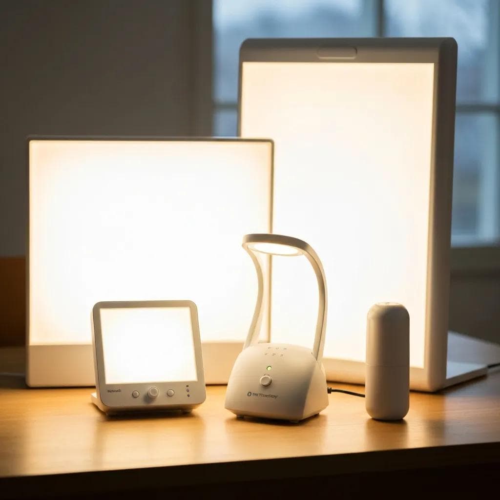 Different types of light therapy devices on a table