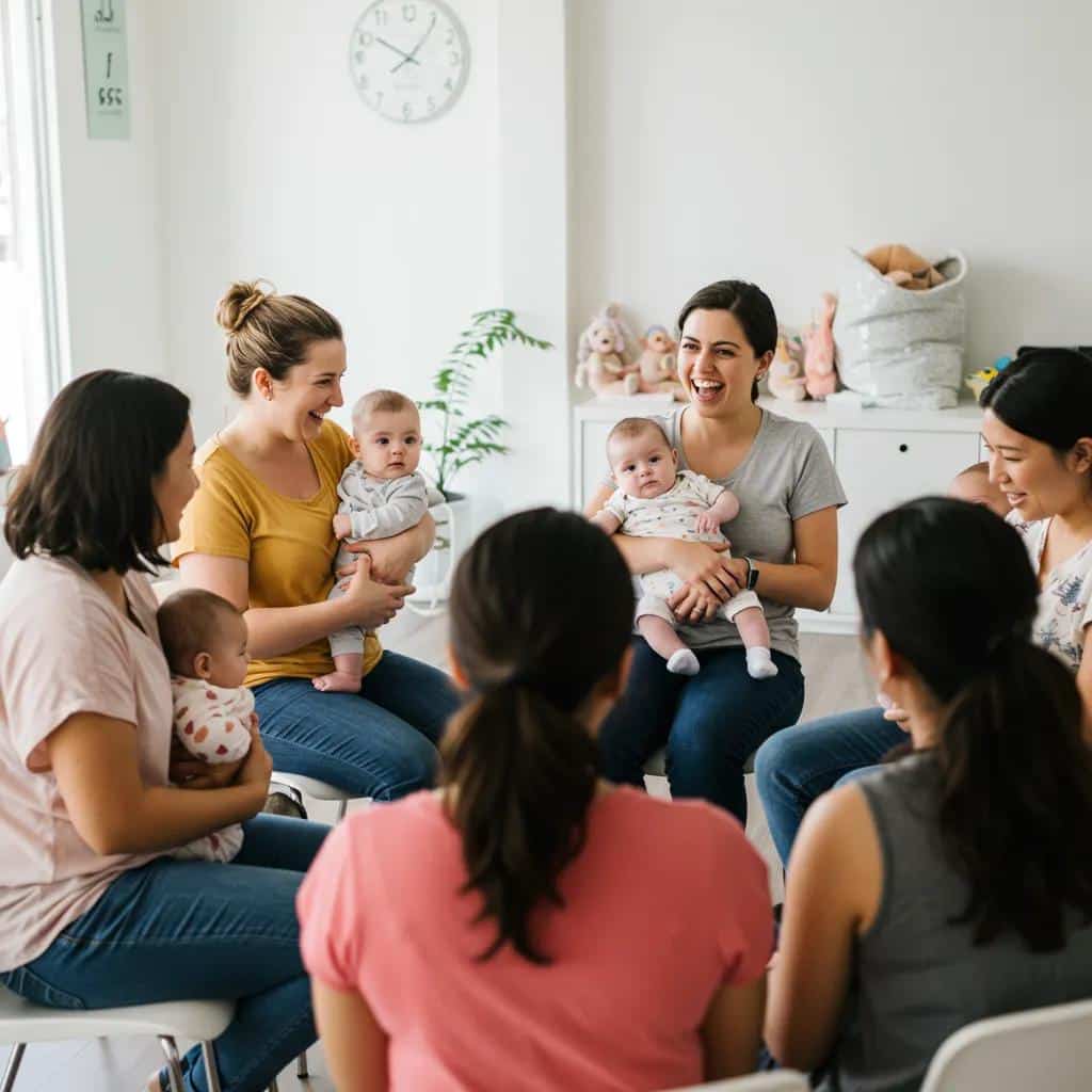 A supportive circle of new mothers sharing experiences, highlighting the power of community and self-care strategies for wellness