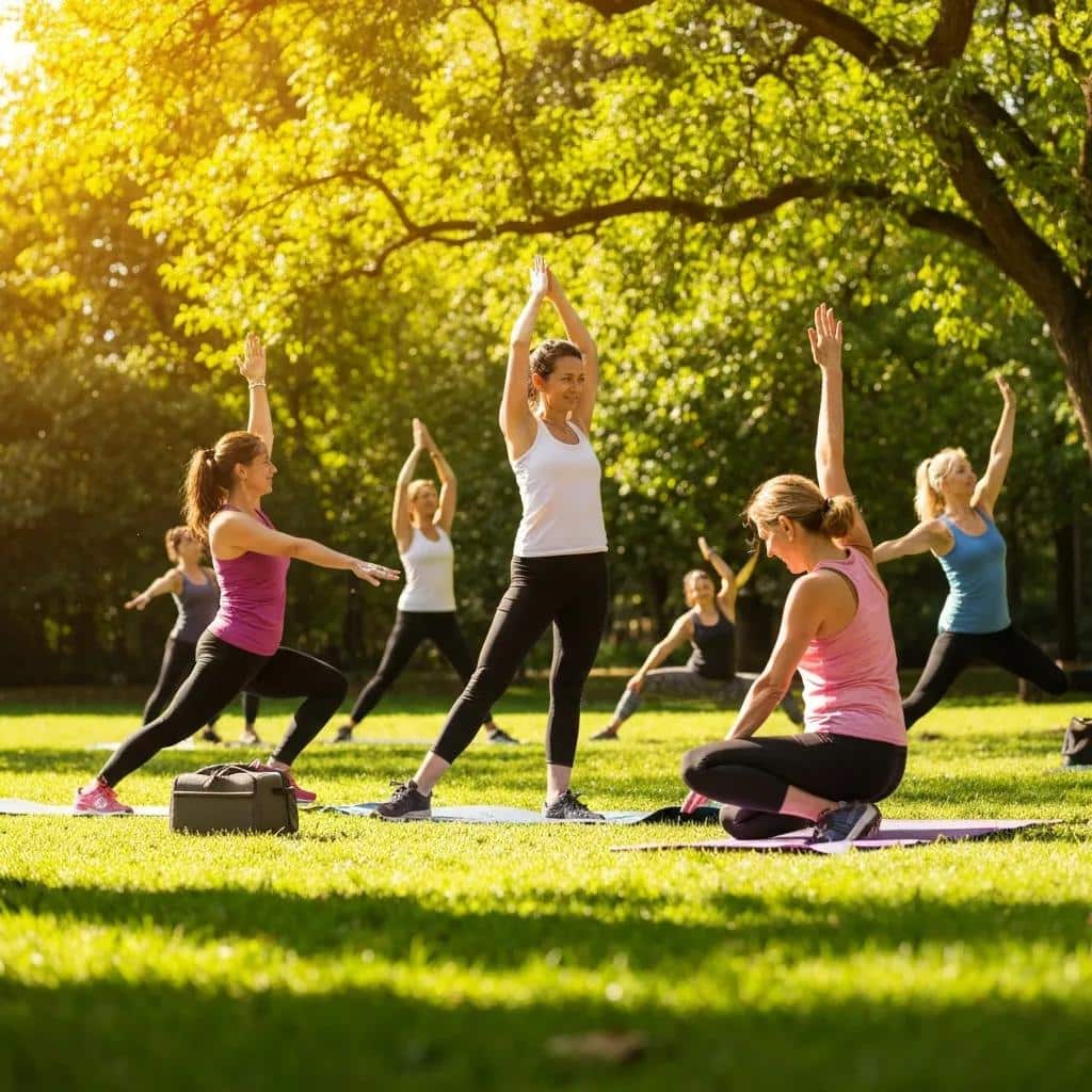 A group of women taking part in an outdoor exercise session — practical coping strategies for SAD