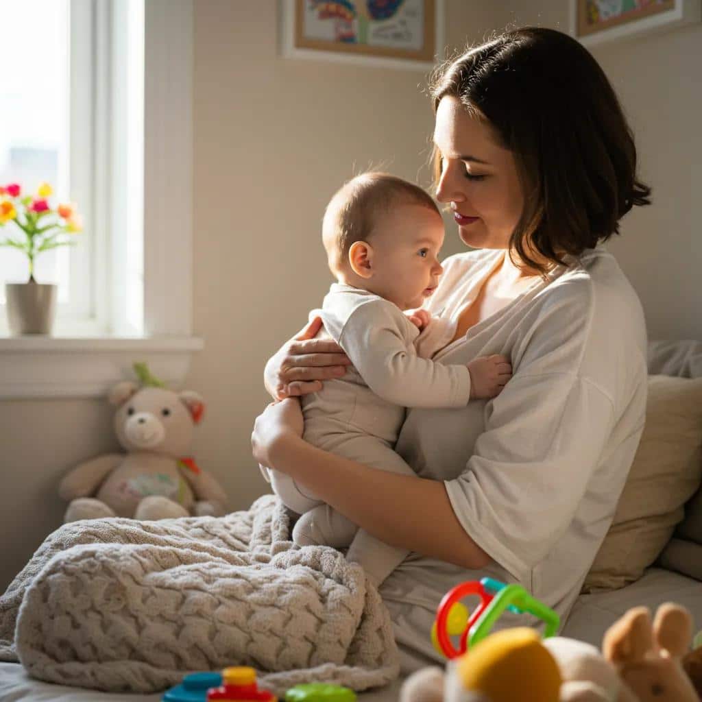 A mother gently holding her baby in a warm, cozy room, symbolizing the importance of maternal mental health